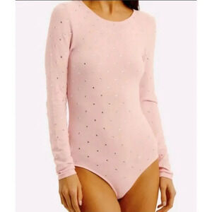 Ronny Kobo Chani Bodysuit Baby Pink Rhinestone Long Sleeve Knit Stretch